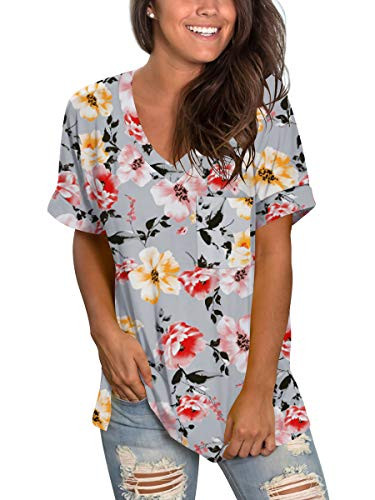 V Neck T Shirts for Womens Summer Tops with Pocket Short Sleeve Casual Tee Floral Light Blue L