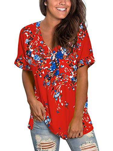 V Neck T Shirts for Womens Summer Tops with Pocket Short Sleeve Casual Tee Floral Red XXL