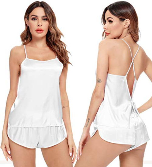 SWOMOG Womens Satin Pajama Sets Sexy Lingerie Nightwear Cami Silk Sleepwear 2 Piece PJs Set with Shorts S-XXL White SWOMOG Womens Satin Pajama Sets Sexy Lingerie Nightwear Cami Silk Sleepwear 2 Piece PJs Set with Shorts S-XXL White