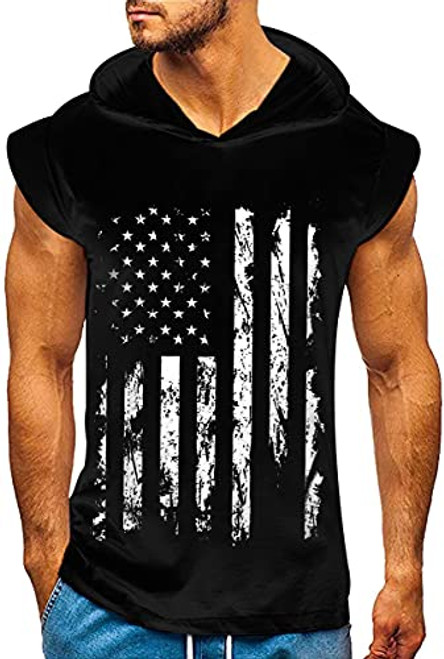 uideazone Men American Flag Shirt Sleeveless Hoodie Gym Workout Tank Tops Bodybuilding Muscle Shirts Black