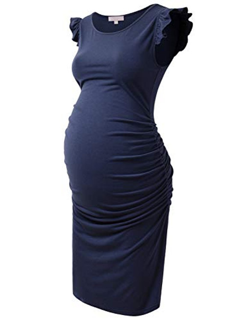 Bhome Maternity Dress Flying Sleeve Casual Pregnancy Summer Dresses Navy Blue L