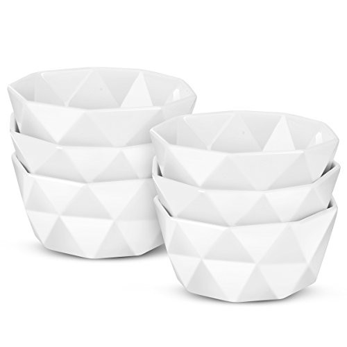 6 Oz Porcelain Ramekins/Dessert Bowls - Delling Geometric Ramekins Souffle Dishes - White Snack/Ramekins/Creme Brulee Dish Set for Baking- Dessert- Ice Cream - Ramekins Oven Safe Set of 6