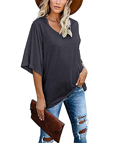 Hount Womens Short Sleeve T Shirts Loose Tunic Tops V Neck Casual Tee Shirts Blouses -Large- Deep Grey-