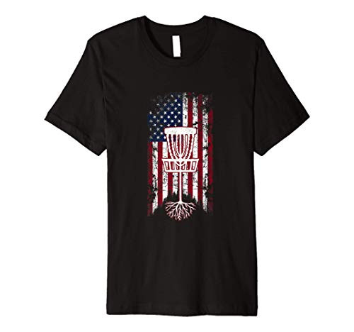 American Flag Disc Golf Basket With Roots Love Disc Golfing Premium T-Shirt
