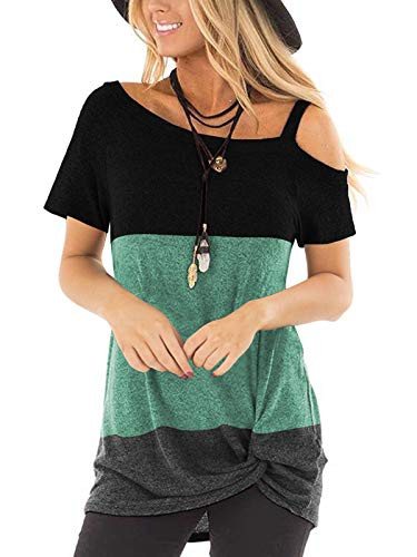 TEMOFON Women's Cold Shoulder Tops Short Sleeve Summer Casual Twist Knot Tunic Blouse T-Shirts Green Block L