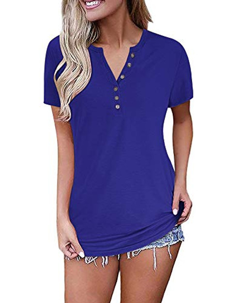 MISFAY Women's Short Sleeve V-Neck Button Loose Casual Tunic Tops Blouse Henley T Shirts -L- Royal Blue- MISFAY Women's Short Sleeve V-Neck Button Loose Casual Tunic Tops Blouse Henley T Shirts -L- Royal Blue-