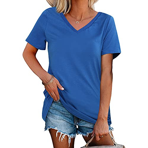 BESFLY Womens Casual V Neck T Shirt Short Sleeve Summer Tops Casual Tee Shirts Blue XXL