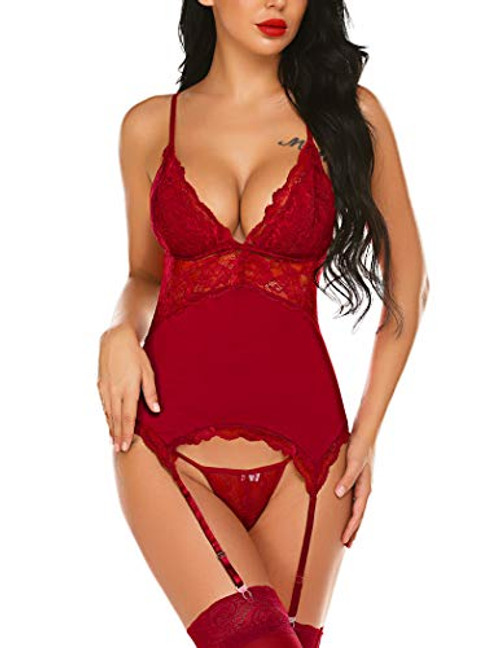 Avidlove Women Chemise Lingerie Set with Garter Belts Teddy Lace Babydoll Nightwear Outfit Red Large