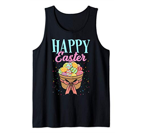 Happy Easter Basket Full Of Easter Eggs With Bow Easter Tank Top