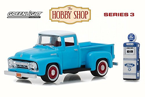 Greenlight 1954 Ford F-100 with Vintage Ford Motor Company Gas Pump, Light Blue 97030A/48 - 1/64 Scale Diecast Model Toy Car Greenlight 1954 Ford F-100 with Vintage Ford Motor Company Gas Pump, Light Blue 97030A/48 - 1/64 Scale Diecast Model Toy Car
