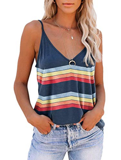 ETCYY Women Colorful Striped V Neck Adjustable Spaghetti Strap Tank Tops Strappy Cami Tops Loose Casual Sleeveless Shirts Blouses Rainbow Blue ETCYY Women Colorful Striped V Neck Adjustable Spaghetti Strap Tank Tops Strappy Cami Tops Loose Casual Sleeveless Shirts Blouses Rainbow Blue