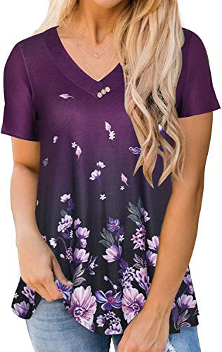Womens Plus Size Top Short Sleeve Floral Blouses V Neck T Shirts Summer Buttons Tunic Tops-Purple Flower-2X-
