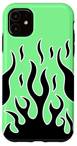 iPhone 11 Flame Phone Case Aesthetic black flames and green background Case