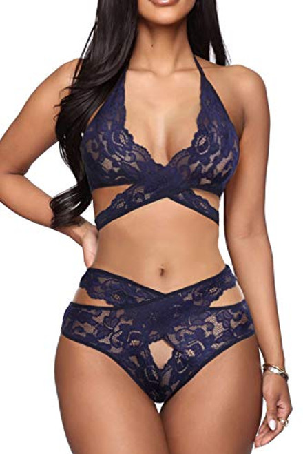 Donnalla Women Sexy Lingerie Set Two Piece Lace Bra and Panty Set Babydoll Sleepwear- Blue- Large Donnalla Women Sexy Lingerie Set Two Piece Lace Bra and Panty Set Babydoll Sleepwear- Blue- Large