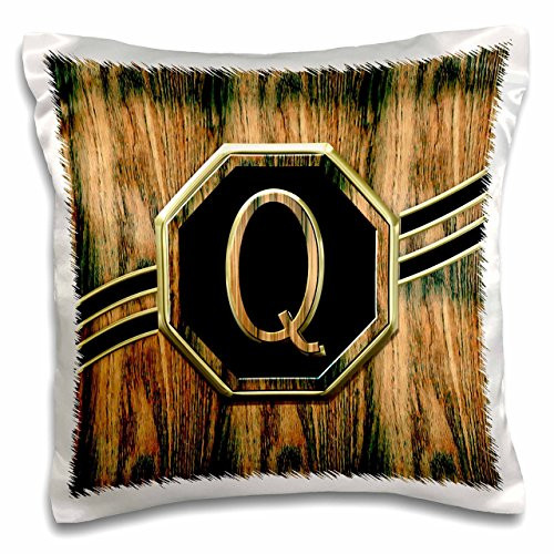 3D Rose Elegant Faux Gold and Wood Grain Monogram Letter Q Pillow Case 16" x 16"