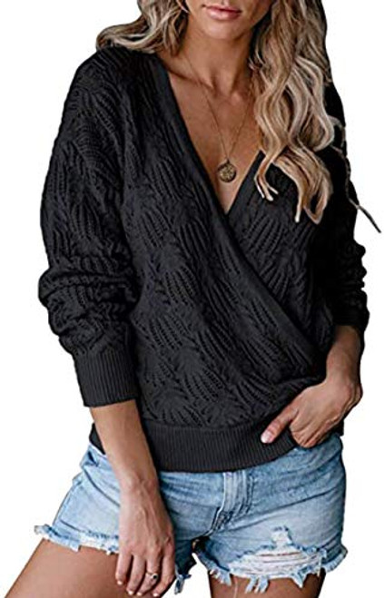 casuress Womens Deep V Neck Wrap Sweater Long Sleeve Crochet Knit Pullover Sweaters Top -Large- Black-