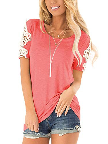 TEMOFON Women's Lace Short Sleeve Tops Summer Crew Neck Loose Casual Tunic Shirts Pink S