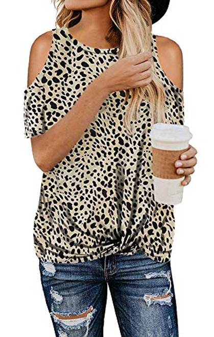 ETCYY Women's Cold Shoulder Tops Summer Leopard Short Sleeve Knot Twist Front T-Shirt Tunics-Brown L