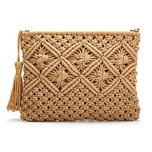 Clutch Purses for Women- JOSEKO Tassel Straw Handbag Vintage Handwoven Bag Summer Beach Bag Camel Brown