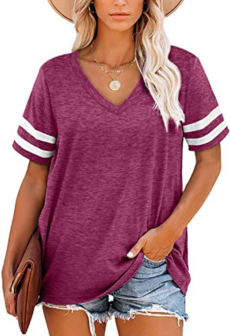 Angerella Red Shirts for Women V Neck Summer Tops Casual Short Sleeve Tee Shirt Loose Fit XL