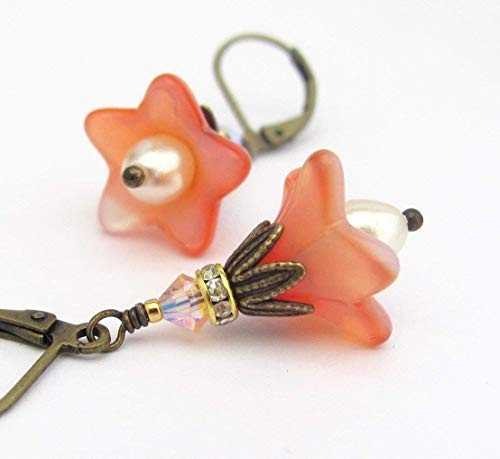 Orange Flower Earrings White Simulated Pearl Antiqued Gold-tone with Crystals from Swarovski Orange Flower Earrings White Simulated Pearl Antiqued Gold-tone with Crystals from Swarovski