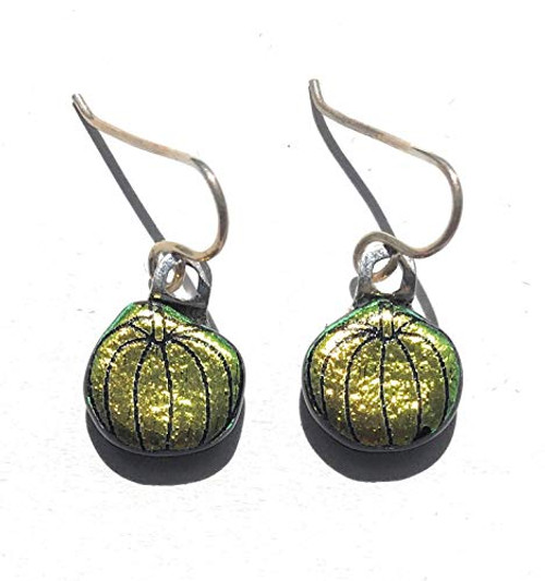 Orange Yellow Pumpkin Laser Engraved Etched Dichroic Fused Glass Earrings with Solid Sterling Silver Ear Wires