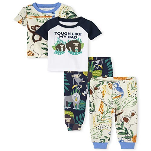 The Children's Place Baby and Toddler Boys Animals Snug Fit Cotton 4-Piece Pajamas- Thunder Blue- 9-12 Months