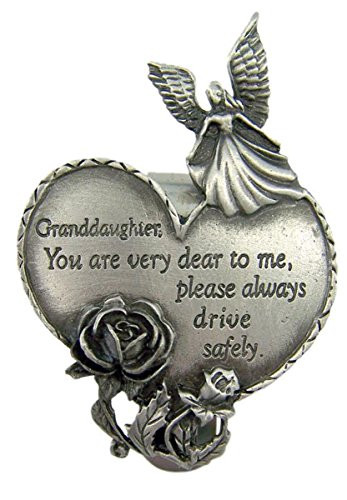 Fine Pewter Grandaughter Drive Safely Guardian Angel Heart Visor Clip, 2 3/4 Inch