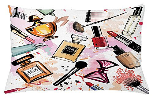 fengyijiating Girls Throw Pillow Cushion Cover Cosmetic and Makeup Theme Pattern with Perfume Lipstick Nail Polish Brush Modern Lady Decorative Accent Pillow Case 18 X 18 inch