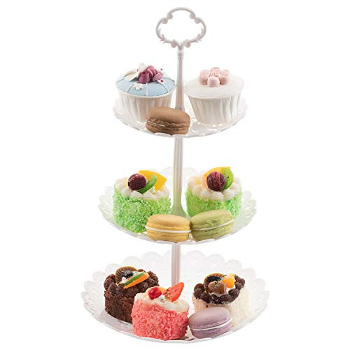 3-tier White Plastic Cupcake Stand, Pastry Stand, Cake Holder Stand Dessert Tower Pastry Serving Platter - Tea Party Serving Platter for Weddings,Tea Party,Holiday Dinners or Birthday Parties