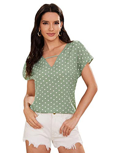 MakeMeChic Women's Polka Dots Cut Out V Neck Short Sleeve Blouse Top Green S