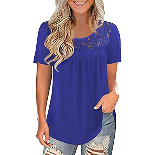 Womens Summer T-Shirts Lace Splicing Solid Short Sleeve Tunic Loose Comfy Tops O-Neck Elegant Blouse