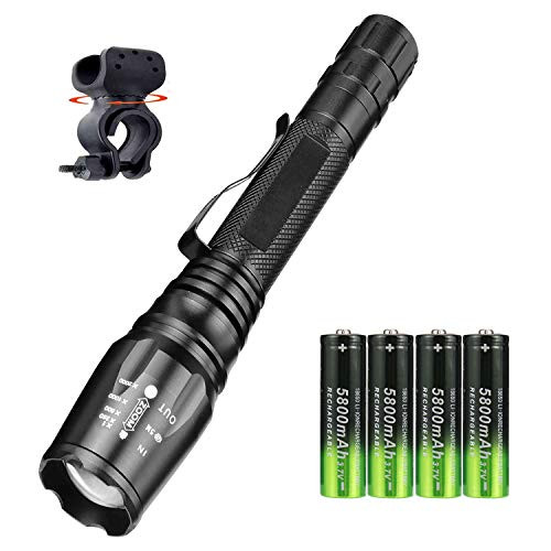 LED Tactical Flashlight - 18650 Flashlights High Lumen- Zoomable- 5 Modes-Waterproof Handheld Light with 4Pcs Rechargeable Battery  and  Bike Clip Bright Flashlights- Best Camping-Outdoor-Emergency