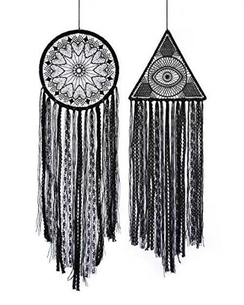DreamVerse Dream Catchers - 2 PCS Black Boho Dream Catcher Wall Decor - Handmade Macrame Dream Catcher Wall Hanging Ornament - Evil Eye Dream Catcher - Black Dream Catchers for Bedroom