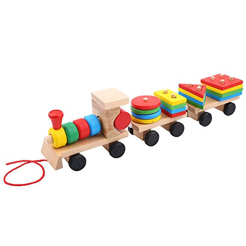 Camidy Wooden Stacking Train Set Baby Kids Early Developmental Toys Train Truck Shape Wooden Blocks Assemble Educational Toy