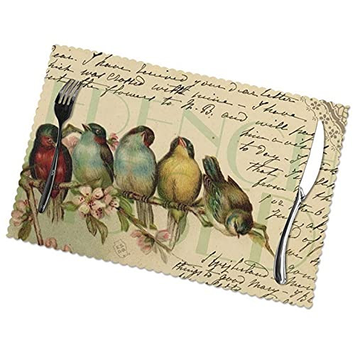 Vintage Spring Colorful Birds On Flower Branch Linen Placemats Set of 6 Washable Table Placemats Heat Resistant Tray Mats Table Place Mats 12x18 in