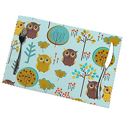 Cute Owl Tree Branch Placemats Set of 6 Washable Table Placemats Heat Resistant Tray Mats Table Place Mats 12x18 in
