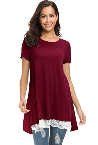 Afibi Womens Short Sleeve Tunic Tops A-Line Flowy Lace Trim Shirt Blouse -XXX-Large- Burgundy-