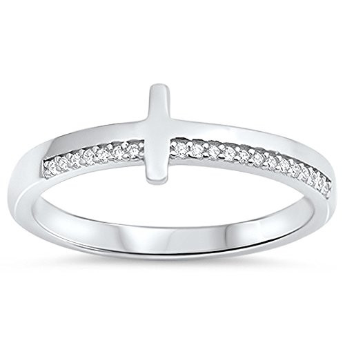 Clear CZ Sideways Cross Christian Love Ring .925 Sterling Silver Band Size 4