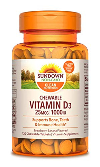 Sundown Vitamin D3 1000 IU- 120 Chewable Tablets -Pack of 3--Packaging May Vary-