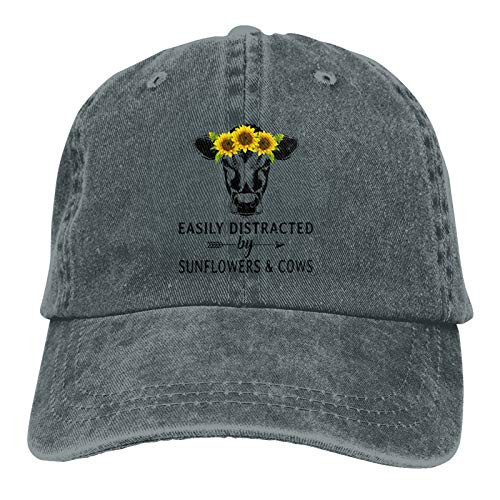 Distracted by Sunflowers Cows Hats for Men Women Distressed Baseball Cap Beach Dad Sun Hat Deep Heather