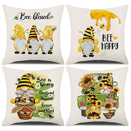 KACOPOL Sunflower Pillow Covers Set of 4 18x18 Farmhouse Truck with Sunflowers Honey Gnomes Bee Blessed Quotes Throw Pillow Case Cushion Cover for Spring Summer Home Decor -Bee Gnomes  and  Sunflower-