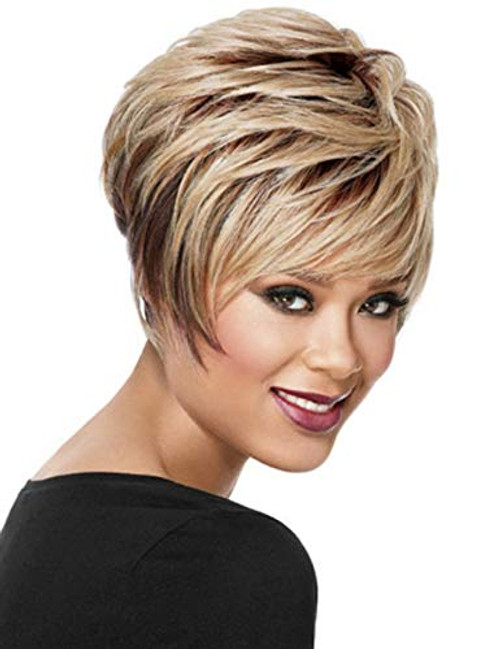 Brown Ombre Blonde Short Wigs for White Women Pixie Cut Wig with Bangs Layered Synthetic Wig Natural Straight Wig Daily Party Wig