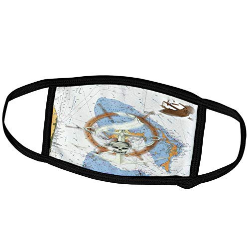 3dRose Florene - Nautical Map Decor - Print of Bahamas Chart with Shipwreck and Ships Wheel - Face Masks -fm_204852_2-