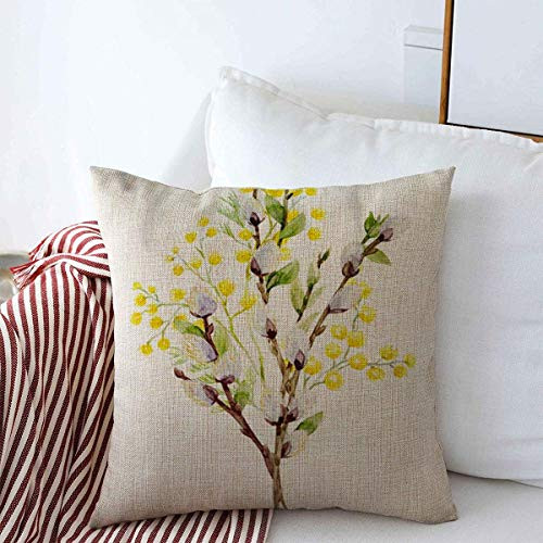 Throw Pillow Covers 18inch x 18inch Easter Watercolor Bouquet Mimosa Willow Branches Branch Nature Green Flower Abstract Design Cushion Square Linen Pillowcase for Winter Home Decoration