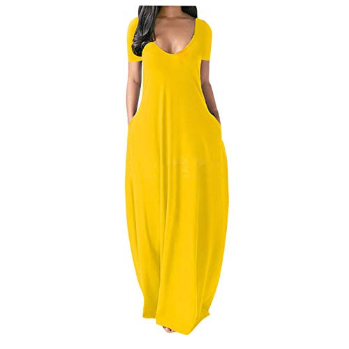 Fashion Dress Women Casual Plus Size Solid V-Neck Pockets Short Sleeve Loose Maxi Dress -Yellow- 3X_l- Fashion Dress Women Casual Plus Size Solid V-Neck Pockets Short Sleeve Loose Maxi Dress -Yellow- 3X_l-