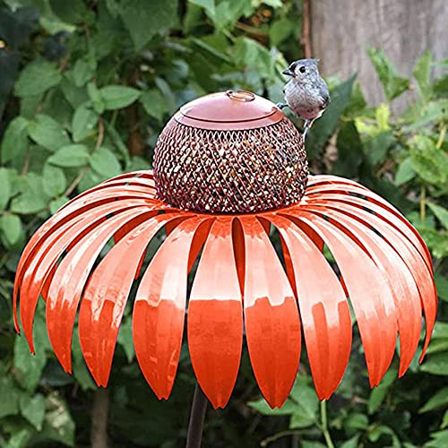 Sensation Pink coneflower Bird Feeder-Standing Bird Feeder-Anti-Squirrel Bird Feeder-Outside Rust Resistant Garden Art Metal Birdfeeder with Stand -1PCS Orange-