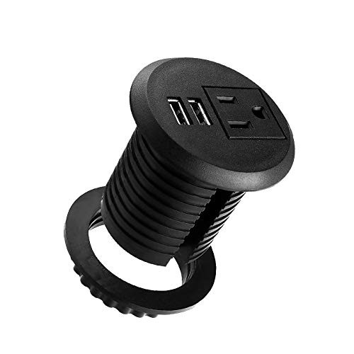 Desk Power Grommet with USB- Fits 2 inch Grommet Hole- Recessed Power Strip Socket- Plug in 2 Outlet 6.5 ft Extension Cord -Black Round-