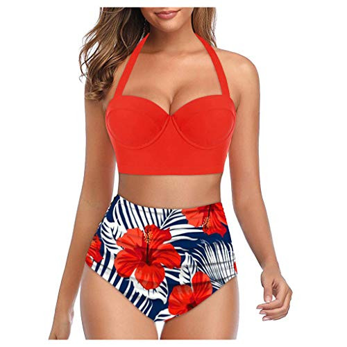 Chanyuhui Swimsuits for Women High Waisted Bikini Sets 2 Pcs Tummy Control Bathing Suits Floral Print Halter Swimwear Orange