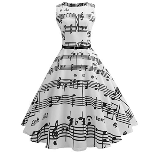 Women Vintage Music Printing Bodycon Sleeveless Casual Evening Party Prom Swing Dresses -White- L-